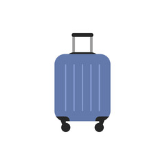 Blue travel plastic suitcase icon with black wheels and handle isolated on white background. Luggage flat sign or logo. Trip vacation element design Baggage symbol icon infographic vector illustration