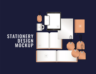 tablet with smartphone and branding mockup set of corporate identity and stationery design theme Vector illustration © Grgroup