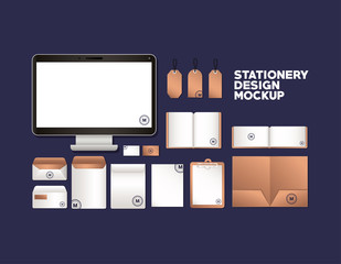 computer and branding mockup set of corporate identity and stationery design theme Vector illustration © Grgroup