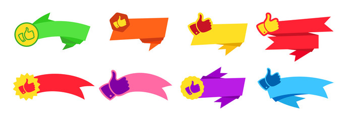 Ribbon tape thumb up, flat design set. Web stickers, cartoon design, colorful sign. Colorful web icon kit. Origami banner empty, label blank collection, decorative icons. Isolated vector illustration