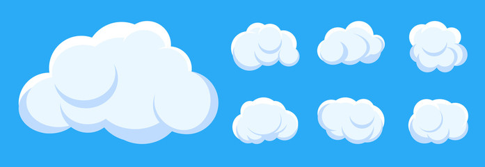 White cloud cartoon style set on blue sky background. Graphic weather symbol clouds icon for text, design web service. Template sticker of different shape fun air bubbles Isolated vector illustration