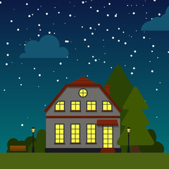 Closeup Night Street with house trees, bush, clouds, flat cartoon square banner. Urban small town landscape. Single house under starry sky. Suburban village neighborhood Cityscape Vector illustration