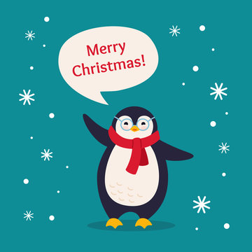 Penguin cartoon greeting postcard Merry Christmas. Smile happy New year animal character with speech bubble, greeting, glasses. Cute card flat hand drawn penguin banner. Isolated vector illustration