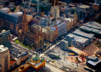 Model Melbourne. Tilt-shift photography of the real Melbourne in Victoria, Australia. City streets and buildings made to look like miniatures.