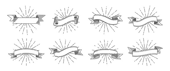 Ribbon retro set. Old design tape with light rays, sketch cartoon blank ribbons collection. Ancient grunge banners or invitations. Web icon kit of text banner tapes. Isolated vector illustration