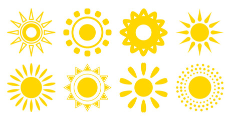 Sun flat cartoon icon set. Abstract different shape summer symbol. Simple banner template decorative element for logo. Sign happy morning, weather, spring season Isolated on white vector illustration