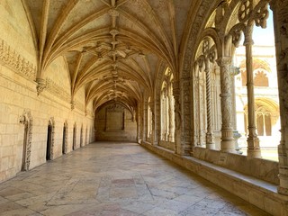 Beautiful reticulated vaulting on courtyard or cloisters of Hieronymites Monastery, Mosteiro dos Jeronimos, famous Lisbon landmark in Belem district and Unesco Heritage, Portugal