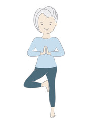 Middle age woman doing exercises. Senior lady practicing yoga. Tree pose vector illustration.