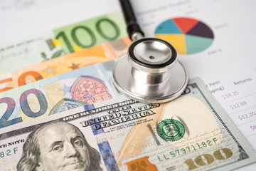Stethoscope on US dollar and Euro banknotes, Finance, Account, Statistics, Analytic research data and Business company  medical health meeting concept