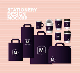 bags and mugs mockup set with dark purple branding of corporate identity and stationery design theme Vector illustration © Grgroup