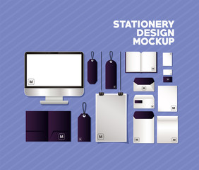 mockup set with dark purple branding of corporate identity and stationery design theme Vector illustration © Grgroup