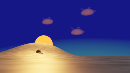 A snail is creeping on gold reflection earth with sunset in background (3D Rendering)
