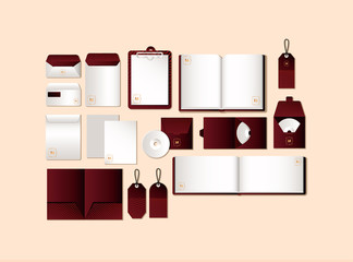 mockup set with dark red branding of corporate identity and stationery design theme Vector illustration © Grgroup