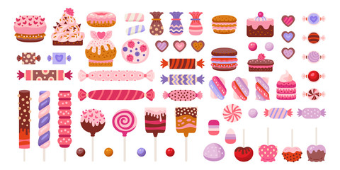 Valentine day sweets set. Candies, candy cane and lollipop marshmallow, hard candy, dragee, cake pop, jelly, chocolate cookies, cupcakes. Vector illustration. Good for holiday designs