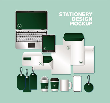 mockup set with green branding of corporate identity and stationery design theme Vector illustration