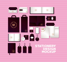mockup set with dark purple branding of corporate identity and stationery design theme Vector illustration © Grgroup