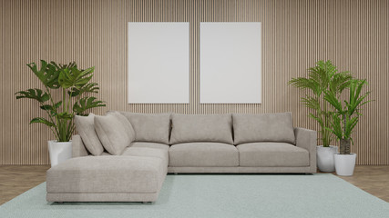 Indoor plant near sofa and empty picture frame in living room. 3d rendering of modern home interior with wooden wall.