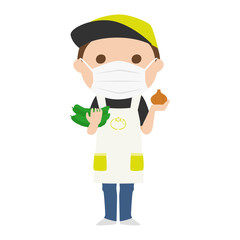 マスクをしてる八百屋さんの男性のイラスト。