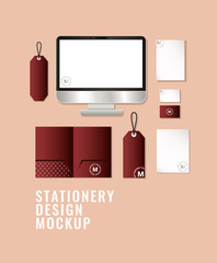 mockup set with dark red branding of corporate identity and stationery design theme Vector illustration © Grgroup