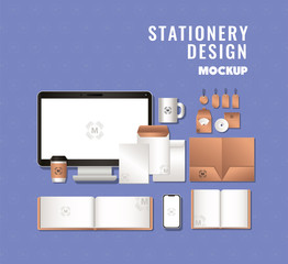 computer and branding mockup set of corporate identity and stationery design theme Vector illustration © Grgroup