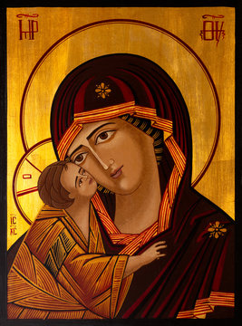 Icon painted in the byzantine or orthodox style depicting the Virgin Mary and Jesus.