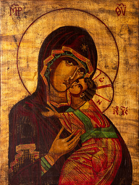 Icon painted in the byzantine or orthodox style depicting the Virgin Mary and Jesus.