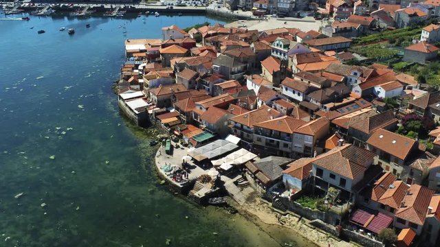 Combarro, beautiful coastal village with horreos. Pontevedra,Galicia,Spain. Aerial Drone Footage