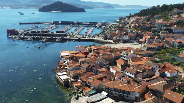Combarro, beautiful coastal village with horreos. Pontevedra,Galicia,Spain. Aerial Drone Footage