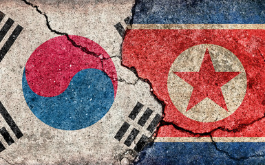Grunge country flag illustration (cracked concrete background) / South korea vs North korea (Political or economic conflict)
