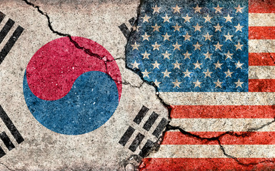 Grunge country flag illustration (cracked concrete background) / USA vs South korea (Political or economic conflict).