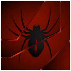Black poisonous spider on black red polygonal background made of shards. Futuristic illustration, dangerous insects. Vector