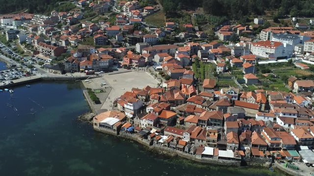 Combarro, beautiful coastal village with horreos. Pontevedra,Galicia,Spain. Aerial Drone Footage
