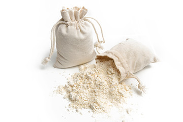 Wheat flour in a bag on a white background