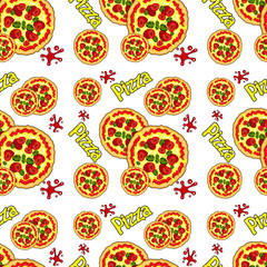 seamless pattern of pizza cartoon letters on a white background. Vector image eps 10