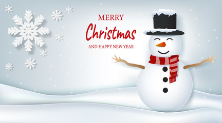Snowman and snowflake Christmas season paper art, paper craft style illustration