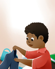 illustration of black boy checking jeans. Children's books