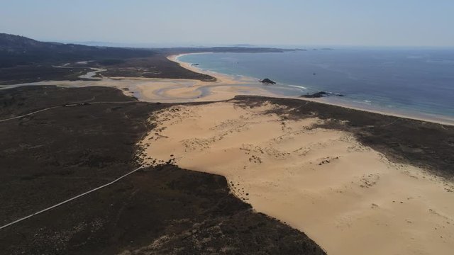 Corrubedo. beautiful coastal landscape in sand dunes. Galicia.Spain. Aerial Drone Footage