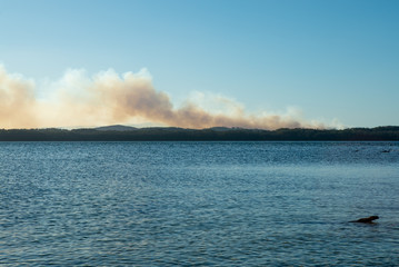 Trees and lake with a bushfire in the distance in Bungwahl, Australia