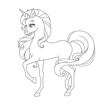 Beautiful unicorn with long mane and tail. Vector illustration page for coloring book.