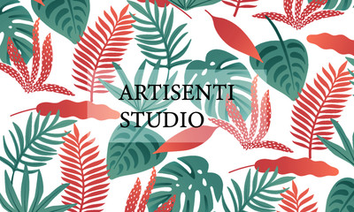 SEAMLESS TROPICAL FLORAL LEAF PLANT TEXTILE PATTERN ILLUSRTARION FOR FASHION AND INTERIOR IN GREEN PINK SALMON FROM ARTISENTI STUDIO ART AND DESIGN