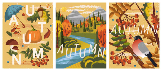 Autumn mood. Vector set of hand drawn illustrations. Fall season posters, Bullfinch bird on a tree, nature autumn landscape with river and forest