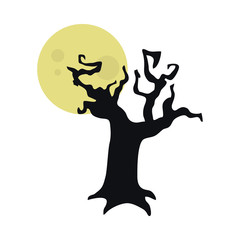 halloween tree and moon icon, flat style