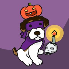 Terrier dog Halloween pumpkin and skull candle cartoon vector illustration