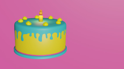 Birthday cake with a candle on a colorful pastel colors with copy-space
