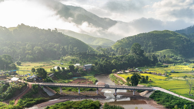Aerial view of Sapun Village at sunrise with misty mountain range , Green Tourism at Nan, Thailand