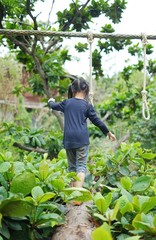 The back view of a cute young Asian girl trying to walk across a small canal by balancing herself on a log with grabbing rope over her head for assistance, with green vegetation along the side.