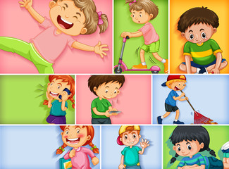 Set of different kid characters on different color background