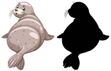 Set of seal characters and its silhouette on white background