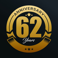 62nd Anniversary logo,62 year Anniversary logo design celebration, luxurious golden color logo. 