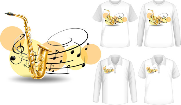 Mock up shirt with saxophone music instruments logo